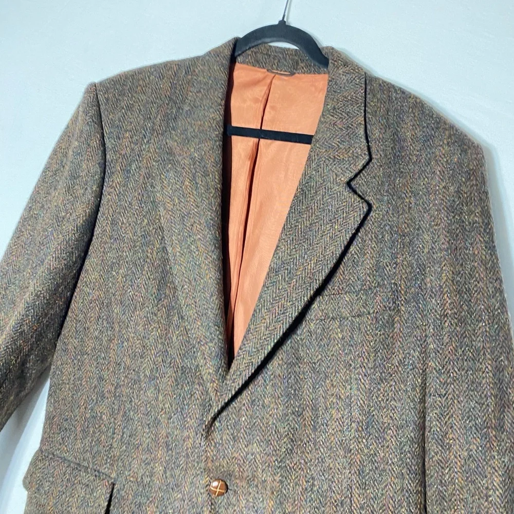 Vintage Harris Tweed Classic Brown Wool Herringbone Blazer 42L Dadcore Academia - Picture 16 of 16